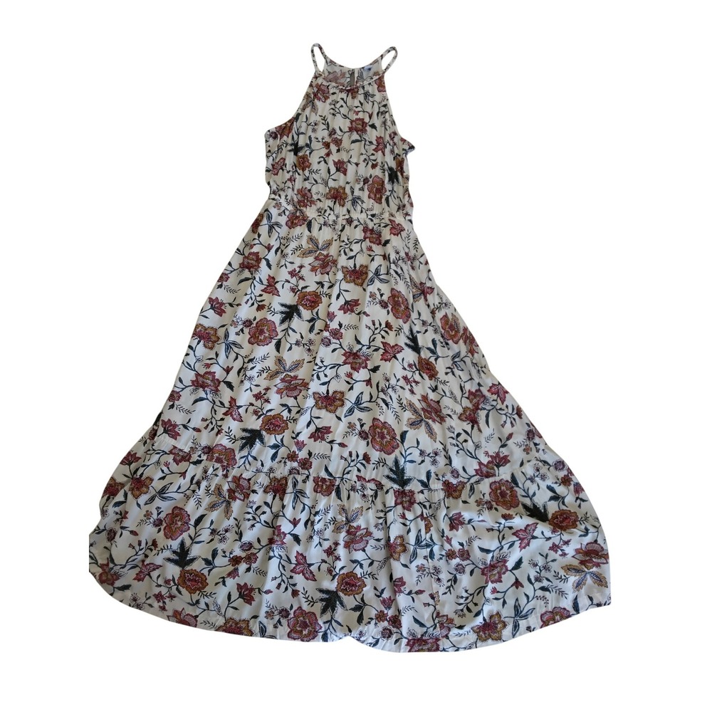 Old Navy Floral Halter Maxi Dress White‎ Pink Boho Braided Straps Medium